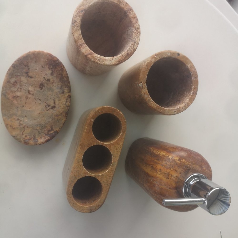 5 Piece Orange/Brown/Tan Travertine Look Stone Bathroom Accessory Set - Used